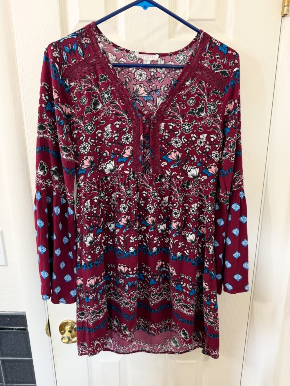 Socialite Boho Floral Maroon Multi Mini Dress Lace-Up - Size Small